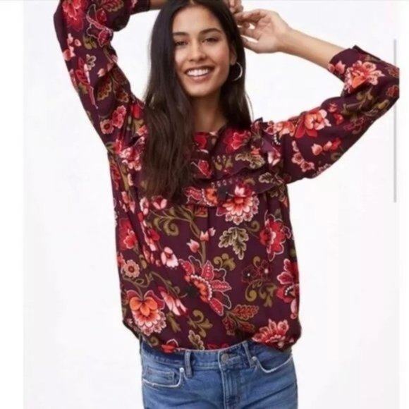 LOFT Tops - Ann Taylor LOFT XS Burgundy Floral Ruffle Keyhole Lace Inset‎ Top Blouse Boho